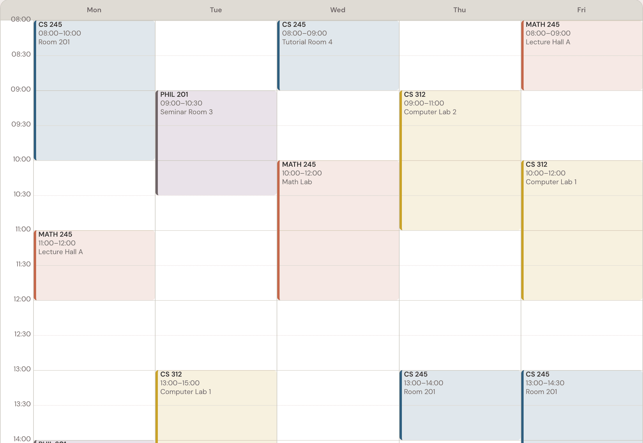 Sua weekly timetable showing colour-coded classes Monday to Friday