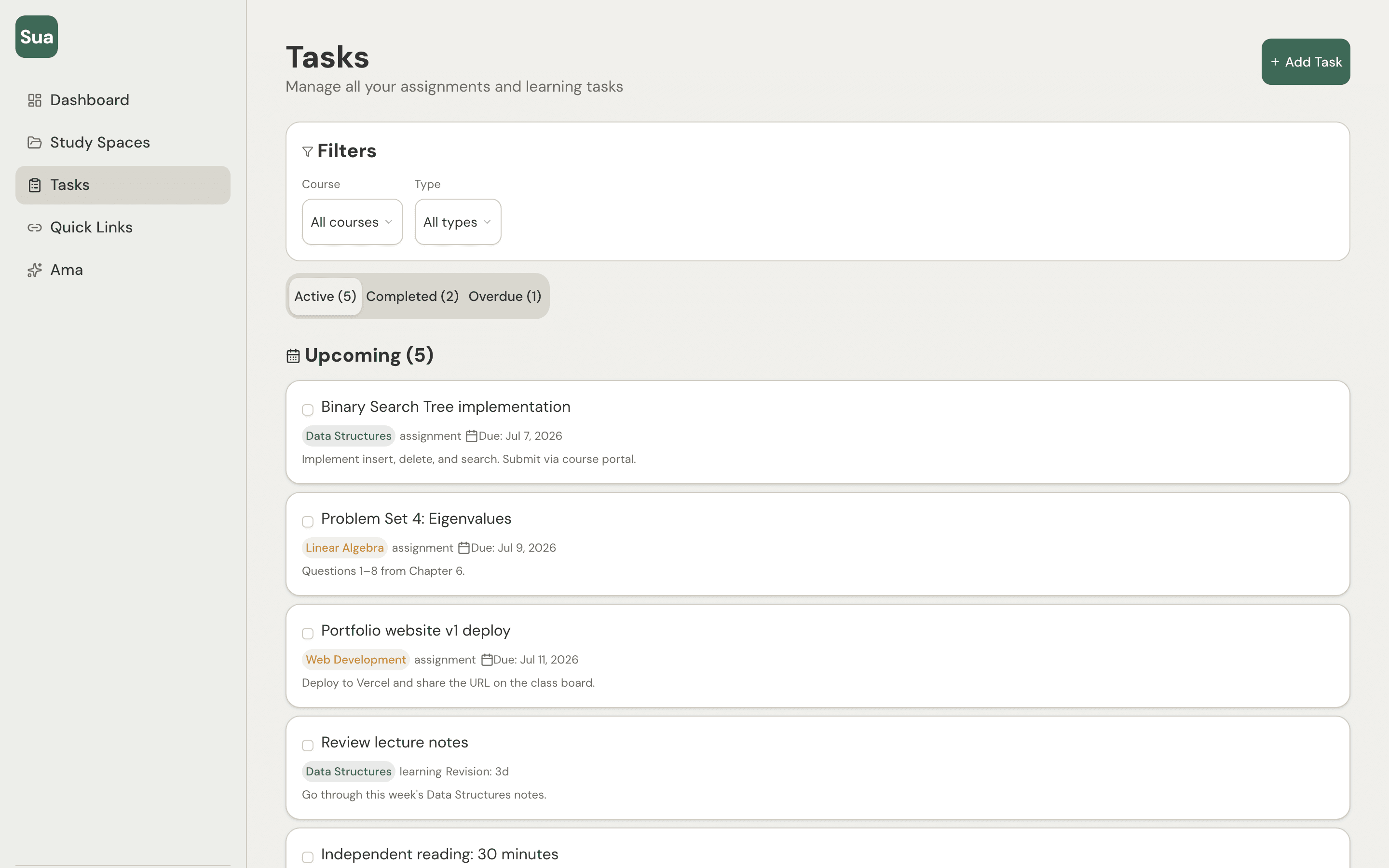 Sua tasks page with active, completed, and overdue filters